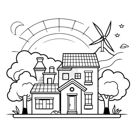 Ilustración de Casa con molino de viento y árboles icono de dibujos animados vector ilustración diseño gráfico en blanco y negro - Imagen libre de derechos