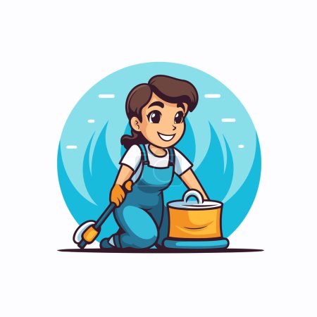 Illustration for Cartoon woman cleaning floor. Cleaning service concept. Vector illustration - Royalty Free Image