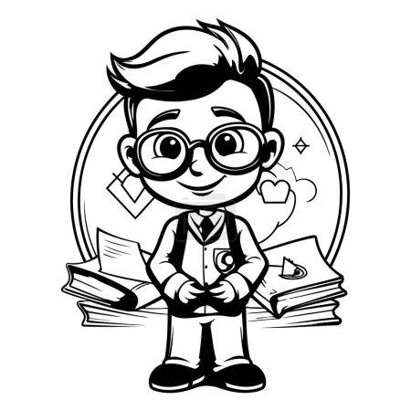 Téléchargez les illustrations : Dessin animé noir et blanc illustrant un adolescent portant des lunettes tenant une pile de livres - en licence libre de droit