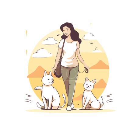 Téléchargez les illustrations : Jeune femme marchant avec ses chiens. Illustration vectorielle dans le style dessin animé. - en licence libre de droit