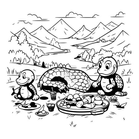 Téléchargez les illustrations : Tortue mangeant de la nourriture. Illustration vectorielle noir et blanc pour livre à colorier - en licence libre de droit