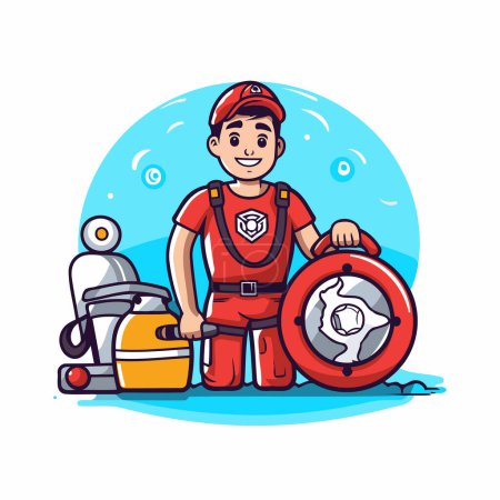 Téléchargez les illustrations : Travailleur de nettoyage en uniforme avec équipement de nettoyage. Illustration vectorielle. - en licence libre de droit