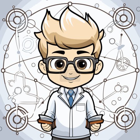 Téléchargez les illustrations : Illustration vectorielle d'un garçon scientifique en lunettes et manteau blanc. - en licence libre de droit