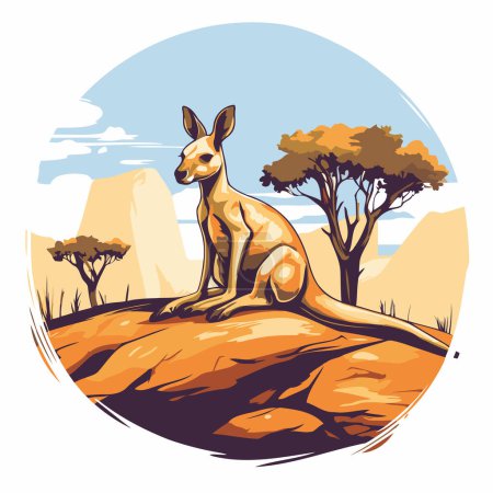 Téléchargez les illustrations : Kangourou assis sur un rocher dans le désert. Illustration vectorielle - en licence libre de droit
