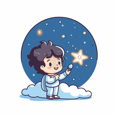 Téléchargez les illustrations : Joli garçon jouant avec une baguette magique dans le ciel. Illustration vectorielle. - en licence libre de droit