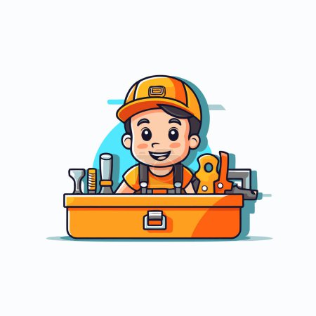 Illustration for Cute little boy construction worker with tool box. Vector illustration. - Royalty Free Image