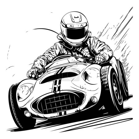 Téléchargez les illustrations : Illustration vectorielle noir et blanc d'un homme conduisant une voiture de course. - en licence libre de droit