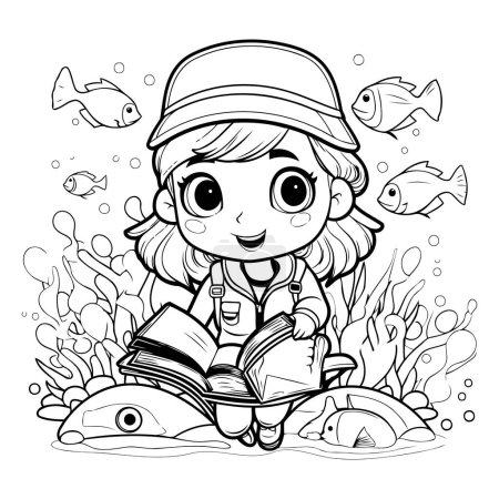 Ilustración de Linda niña leyendo un libro bajo el mar. Página para colorear - Imagen libre de derechos