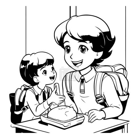Illustration for Black and white illustration of a mother and her son eating a cake. - Royalty Free Image