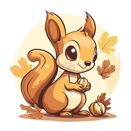 Téléchargez les illustrations : Écureuil dessin animé mignon avec noix et feuilles d'automne. Illustration vectorielle. - en licence libre de droit