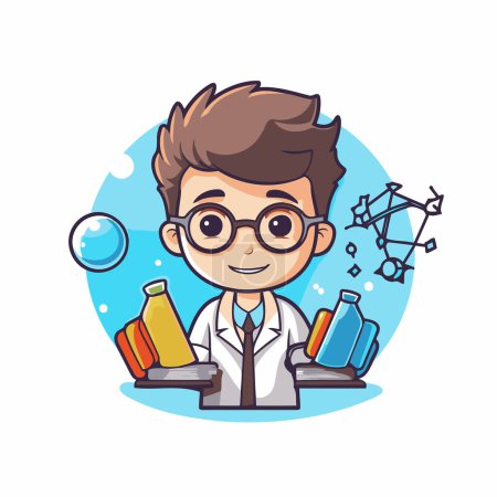 Illustration for Scientist boy cartoon character with science equipment vector illustration graphic design. - Royalty Free Image