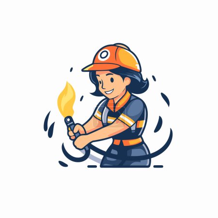 Téléchargez les illustrations : Personnage pompier avec torche. Illustration vectorielle. Isolé sur fond blanc. - en licence libre de droit