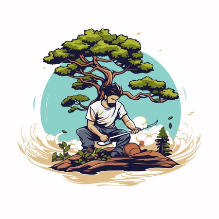 Ilustración de Ilustración de un hombre recogiendo setas en el bosque. Ilustración vectorial. - Imagen libre de derechos