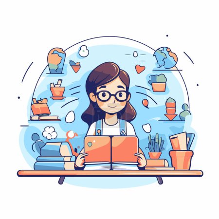 Illustration for Girl studying at home. Education concept. Vector illustration in cartoon style. - Royalty Free Image