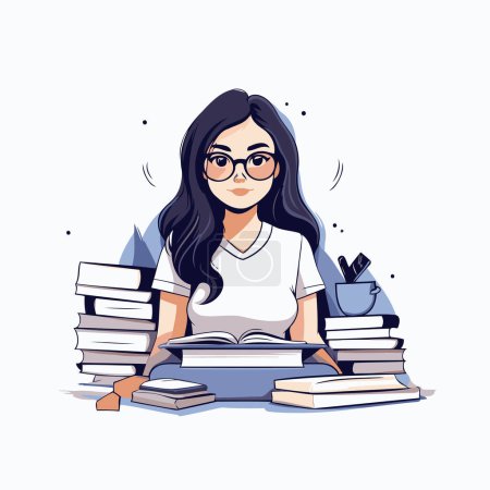 Téléchargez les illustrations : Illustration vectorielle d'une fille avec des lunettes et des livres. Isolé sur fond blanc. - en licence libre de droit