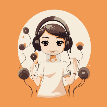 Illustration for Young woman listening to music with headphones. Vector illustration in cartoon style. - Royalty Free Image