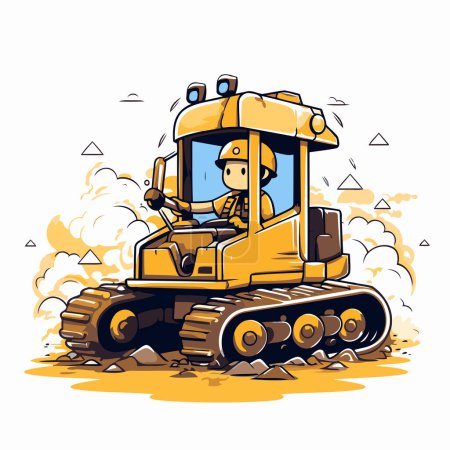 Téléchargez les illustrations : Illustration vectorielle d'un bulldozer jaune travaillant sur un chantier. - en licence libre de droit