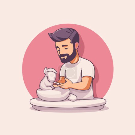 Handsome man with a beard in a white t-shirt paints a ceramic cat. Vector illustration.