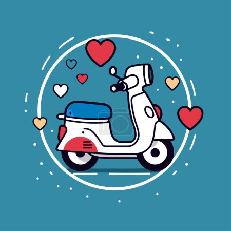 Illustration for Cute scooter with hearts on blue background. Vector illustration. - Royalty Free Image