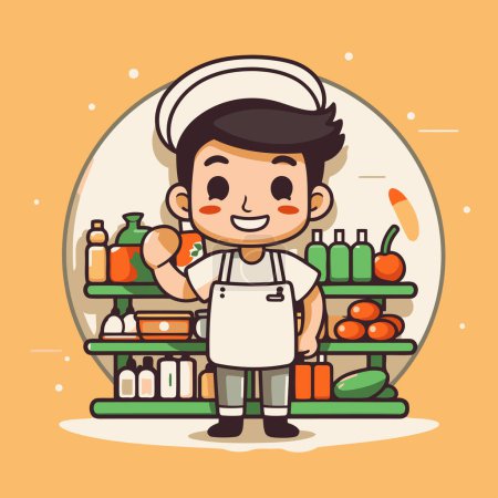 Illustration for Cute cartoon chef in the supermarket. Cute vector illustration. - Royalty Free Image