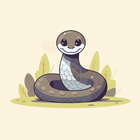 Téléchargez les illustrations : Mignon serpent de dessin animé sur l'herbe. Illustration vectorielle en style plat - en licence libre de droit