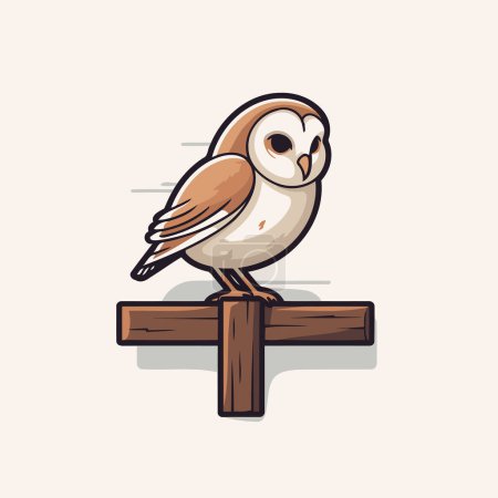Téléchargez les illustrations : Hibou assis sur un poteau en bois. Illustration vectorielle d'un hibou dessin animé. - en licence libre de droit