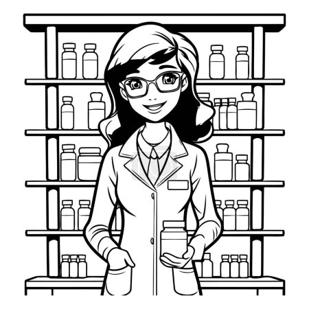 Ilustración de Ilustración en blanco y negro de un farmacéutico parado frente a estantes con medicamentos. - Imagen libre de derechos