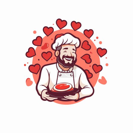 Téléchargez les illustrations : Illustration vectorielle d'un chef masculin heureux tenant une assiette de gâteau et de cœurs - en licence libre de droit