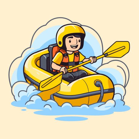 Téléchargez les illustrations : Illustration de bande dessinée d'un homme pagayant sur un bateau gonflable jaune - en licence libre de droit