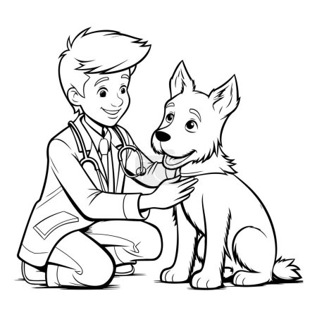 Téléchargez les illustrations : Vétérinaire avec chien. Illustration vectorielle noir et blanc. - en licence libre de droit