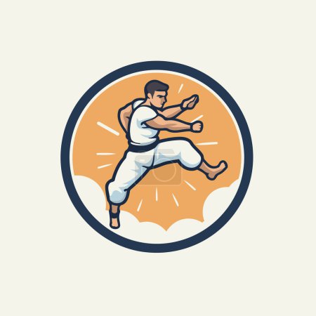 Illustration eines Judo-Kämpfers, der im Retro-Stil von vorne gesehen im inneren Kreis springt.