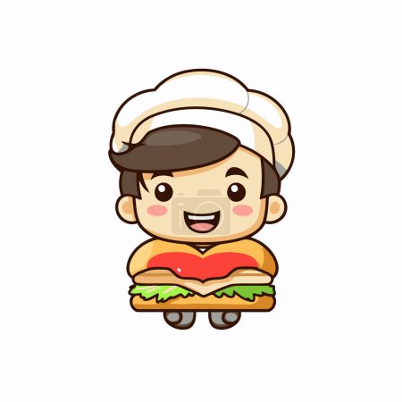 Téléchargez les illustrations : Mignon garçon en chapeau de chef et uniforme manger sandwich. Illustration vectorielle. - en licence libre de droit