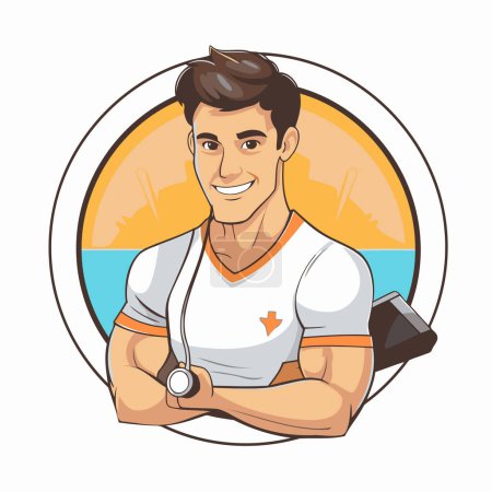 Téléchargez les illustrations : Portrait d'un homme de fitness souriant avec des vêtements de sport. Illustration vectorielle. - en licence libre de droit