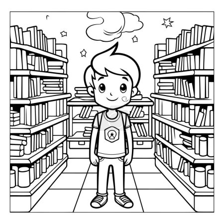 Illustration for Vector illustration of a boy in the library. Coloring book for children. - Royalty Free Image