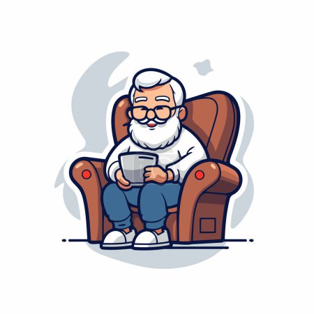 Grandfather sitting in armchair and drinking coffee. Vector illustration.