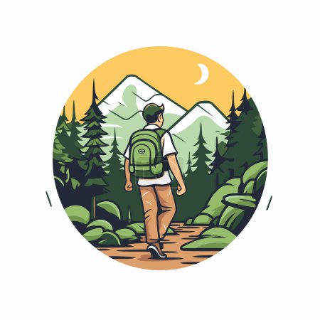 Téléchargez les illustrations : Randonneur avec sac à dos randonnée en forêt. Illustration vectorielle dans un style rétro. - en licence libre de droit