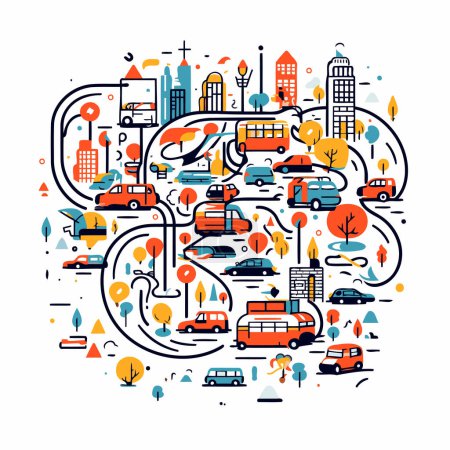 Illustration for Cityscape with cars. trees and road signs. Vector illustration. - Royalty Free Image