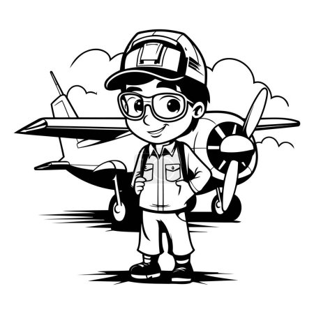 Téléchargez les illustrations : Illustration vectorielle du pilote de bande dessinée avec avion. Couleur noir et blanc. - en licence libre de droit
