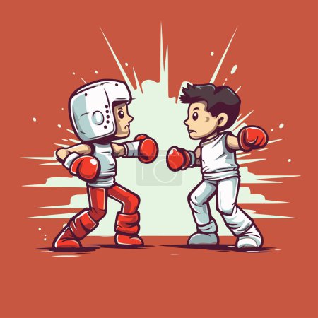 Illustration for Vector illustration of a boy fighting with a robot on a red background. - Royalty Free Image