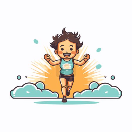 Illustration for Cute little boy running in the clouds. Vector cartoon illustration. - Royalty Free Image