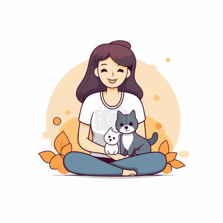 Illustration for Girl sitting on the floor with her cat and dog. Vector illustration. - Royalty Free Image