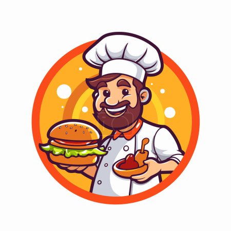 Téléchargez les illustrations : Chef avec hamburger. Illustration vectorielle en style dessin animé sur fond blanc. - en licence libre de droit