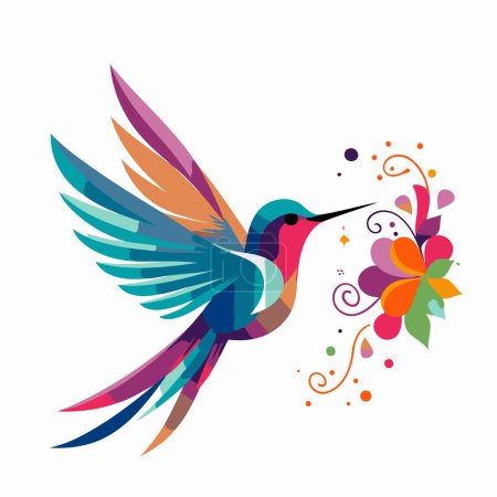 Illustration for Colorful hummingbird with flowers and swirls. Vector illustration. - Royalty Free Image