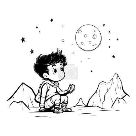 Téléchargez les illustrations : Illustration vectorielle d'un garçon mignon assis sur un rocher et regardant la lune - en licence libre de droit