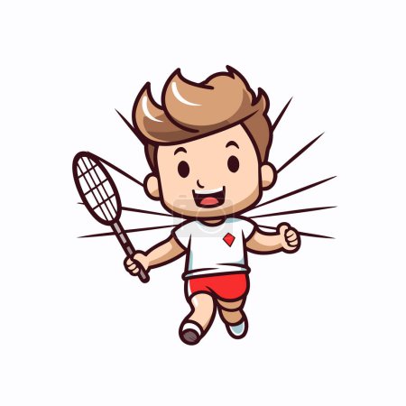 Téléchargez les illustrations : Garçon jouant badminton dessin animé vecteur Illustration sur un fond blanc - en licence libre de droit