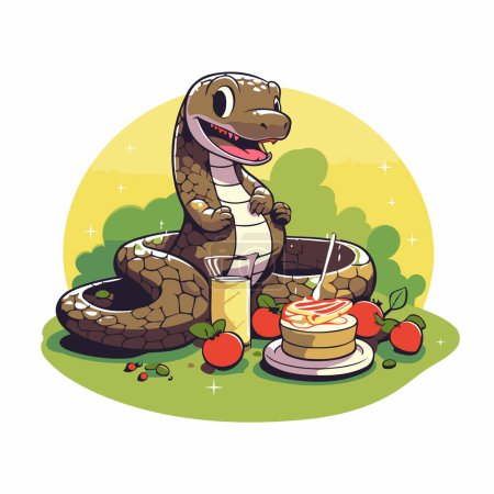 Téléchargez les illustrations : Serpent mignon avec un verre de jus. gâteau et pommes. Illustration vectorielle. - en licence libre de droit