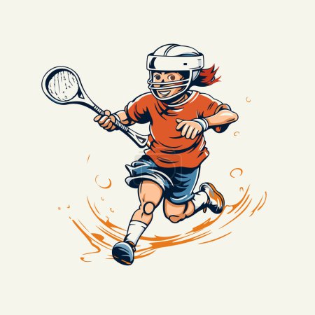 Téléchargez les illustrations : Illustration d'un joueur de crosse masculin courant avec raquette et ballon - en licence libre de droit