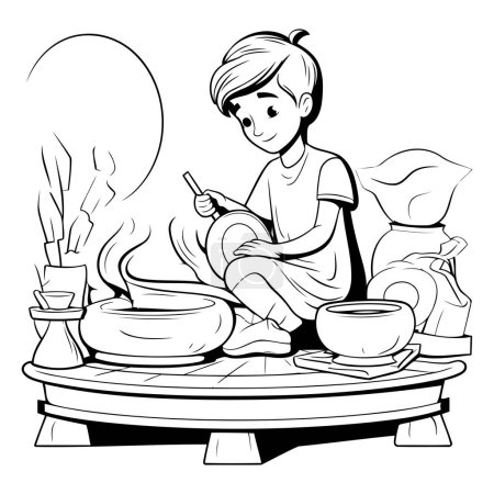 Potter at work. Black and white vector illustration for coloring book.