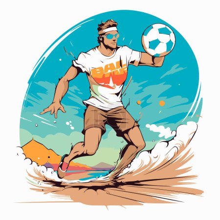 Illustration for Vector illustration of a man running with a soccer ball on the beach - Royalty Free Image