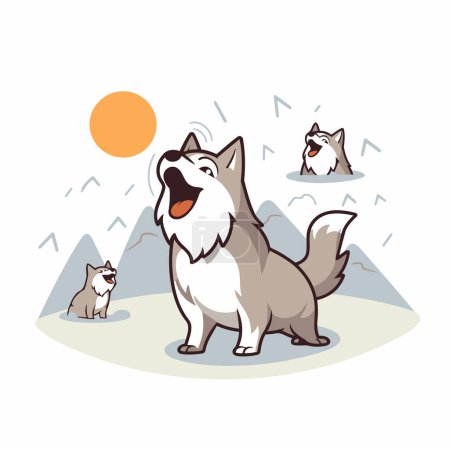 Téléchargez les illustrations : Mignon chien de dessin animé husky dans les montagnes. Illustration vectorielle. - en licence libre de droit